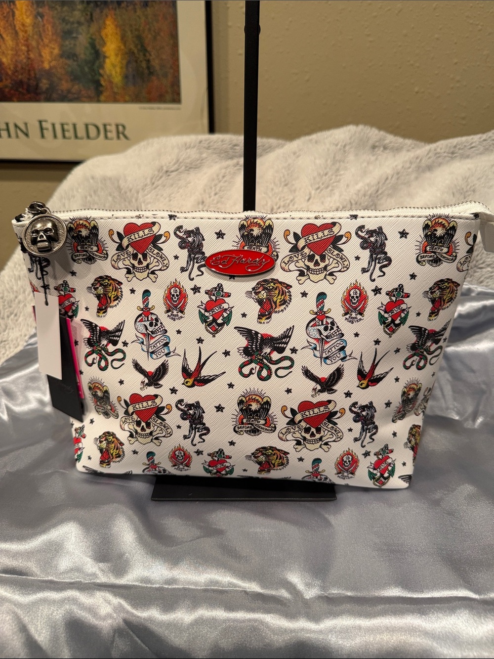 Ed Hardy White Tattoo Motif Zip Cosmetic Pouch